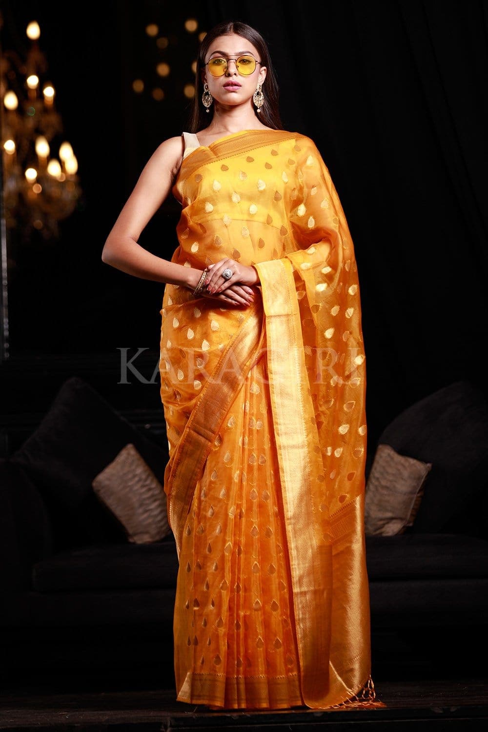 Mango Yellow Organza Silk Saree