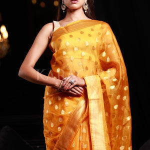 Mango Yellow Organza Silk Saree