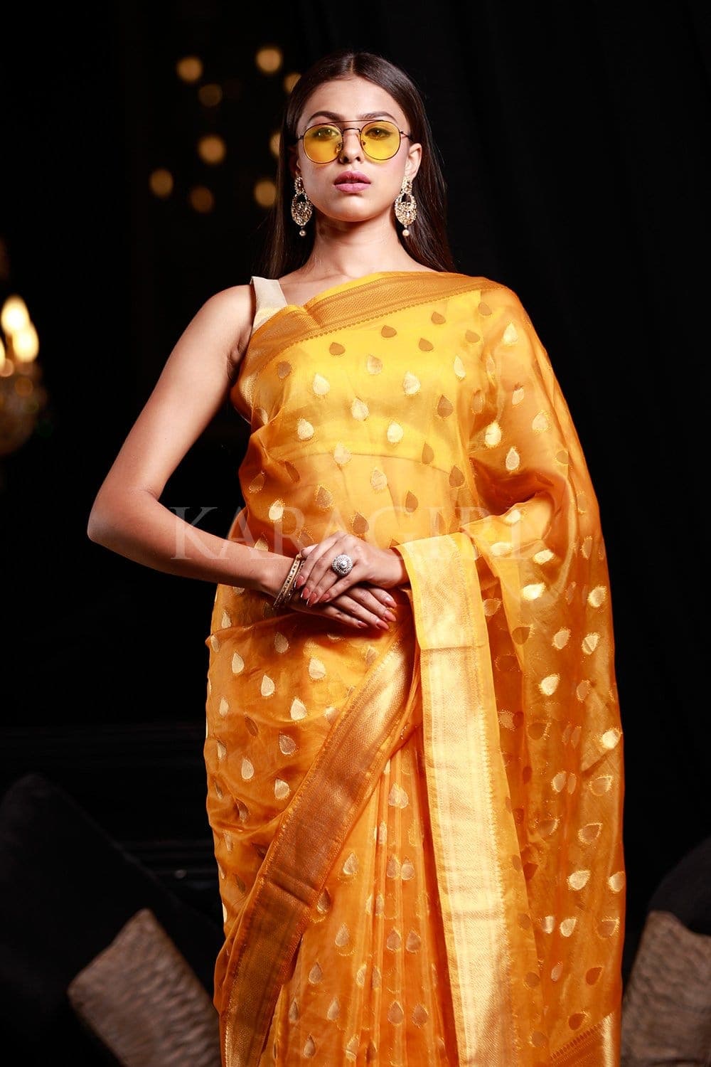 Mango Yellow Organza Silk Saree