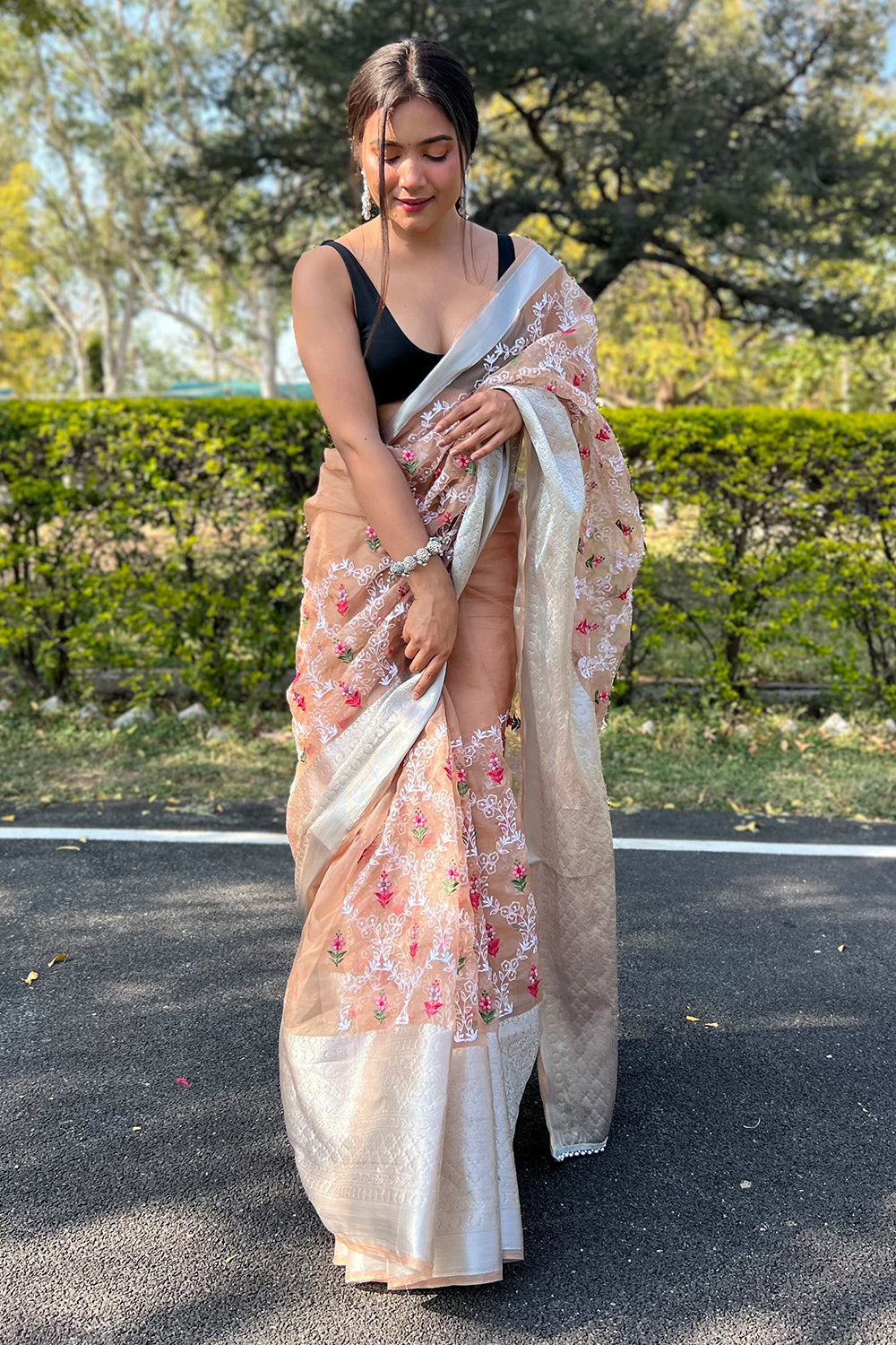 Mustard Brown Organza Saree
