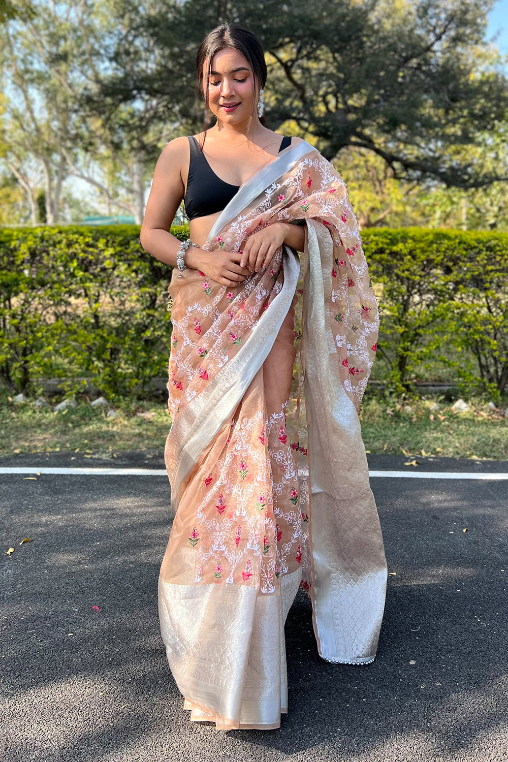 Mustard Brown Organza Saree