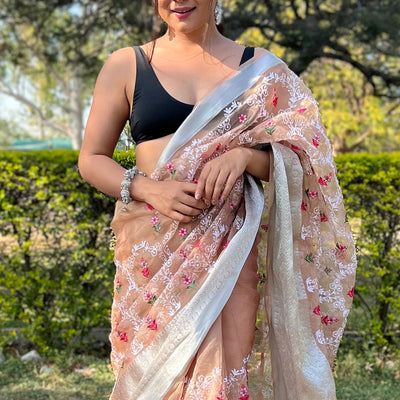 Mustard Brown Organza Saree