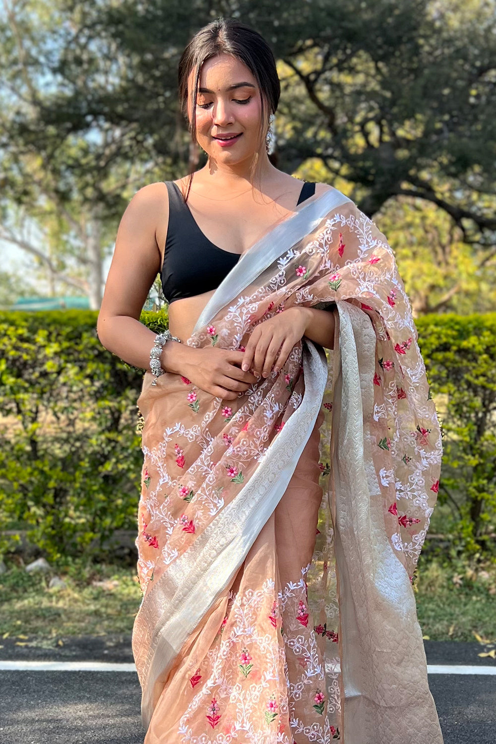Mustard Brown Organza Saree
