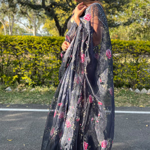 Navy Blue Organza Saree
