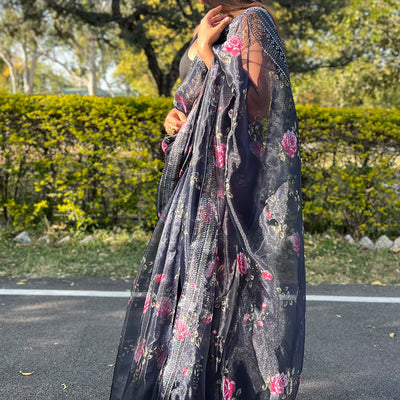 Navy Blue Organza Saree