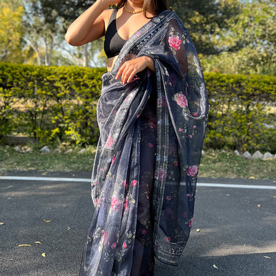 Navy Blue Organza Saree