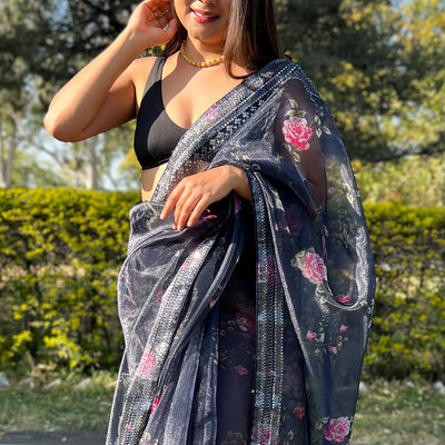 Navy Blue Organza Saree
