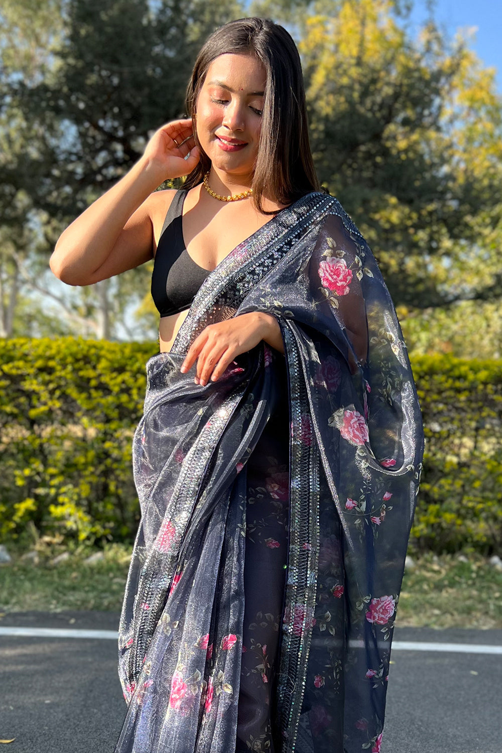 Navy Blue Organza Saree