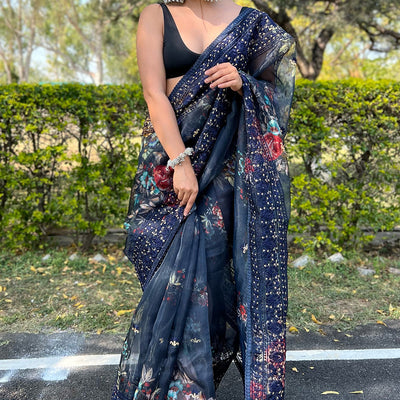 Navy Blue Organza Saree