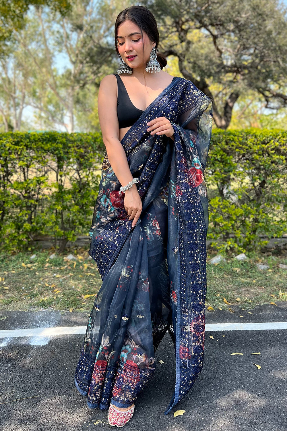 Navy Blue Organza Saree