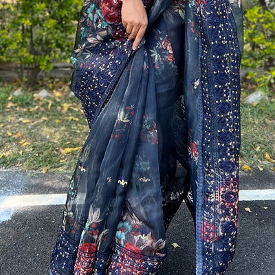 Navy Blue Organza Saree