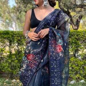 Navy Blue Organza Saree