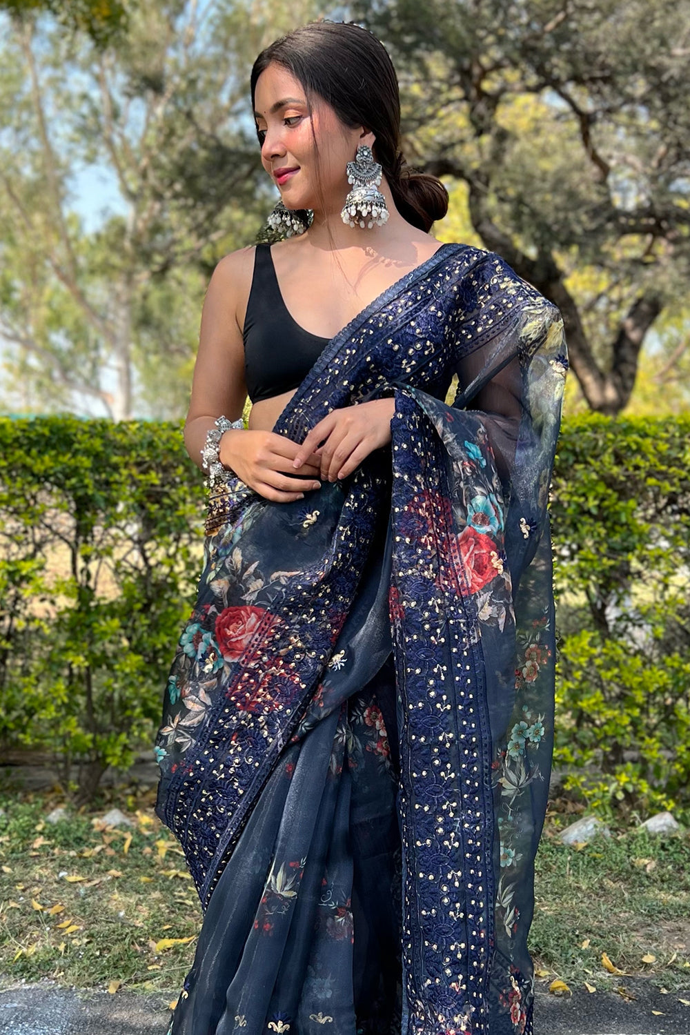Navy Blue Organza Saree