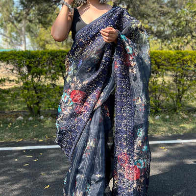 Navy Blue Organza Saree