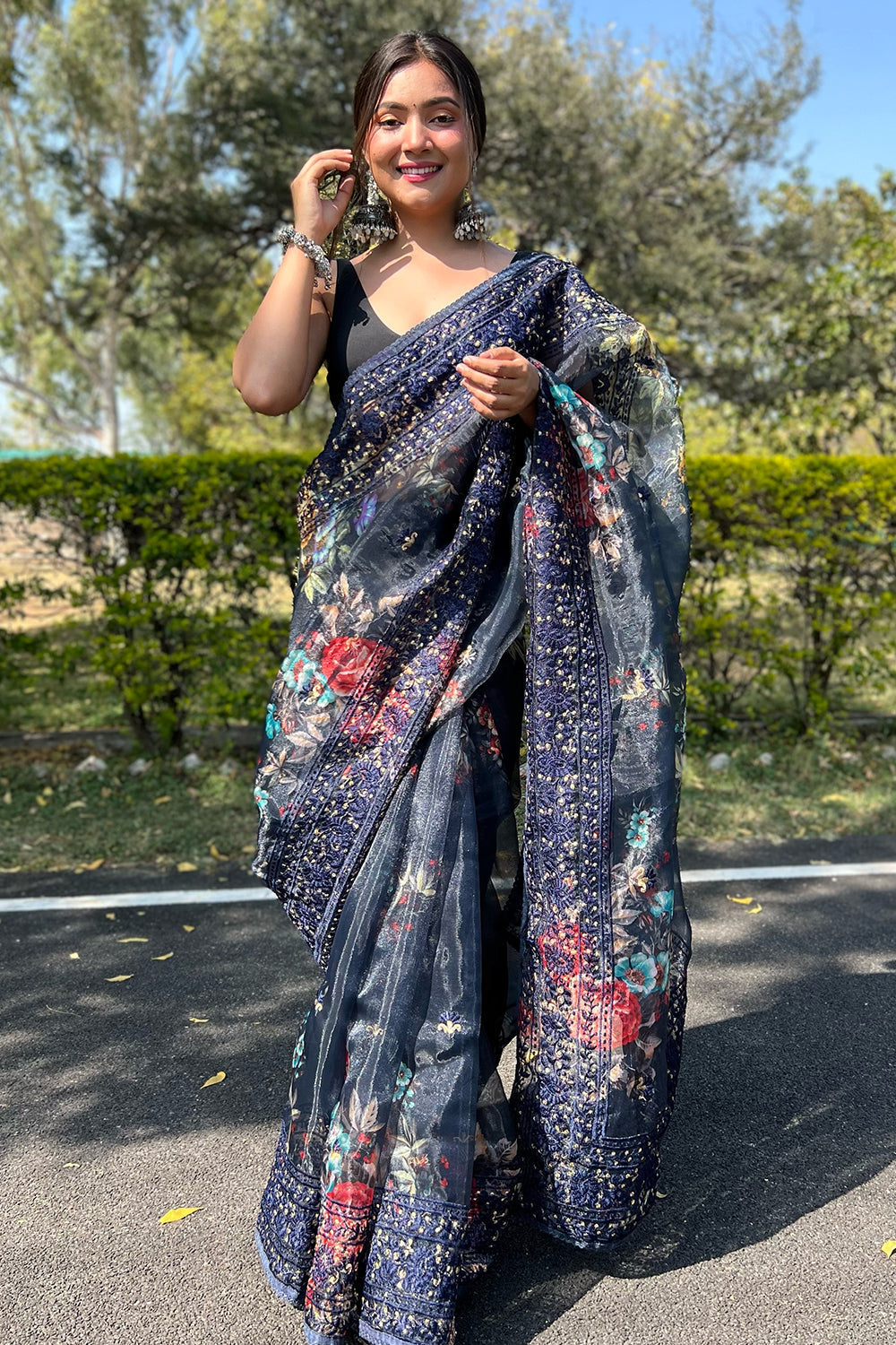 Navy Blue Organza Saree