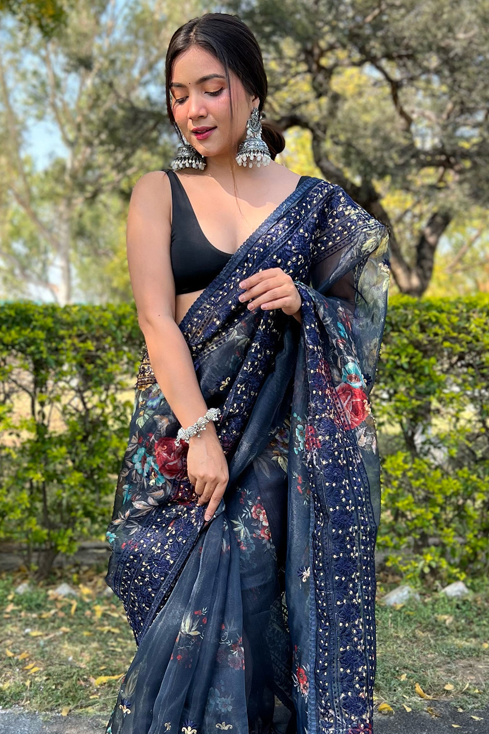 Navy Blue Organza Saree