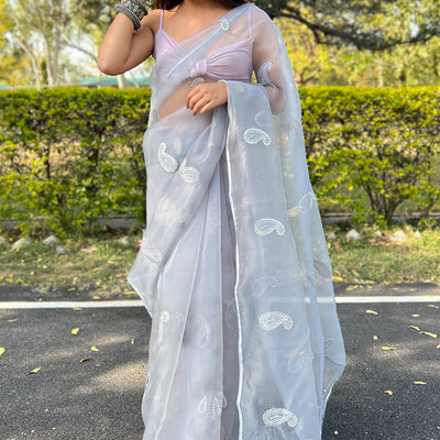 Pearl River Grey Organza Saree