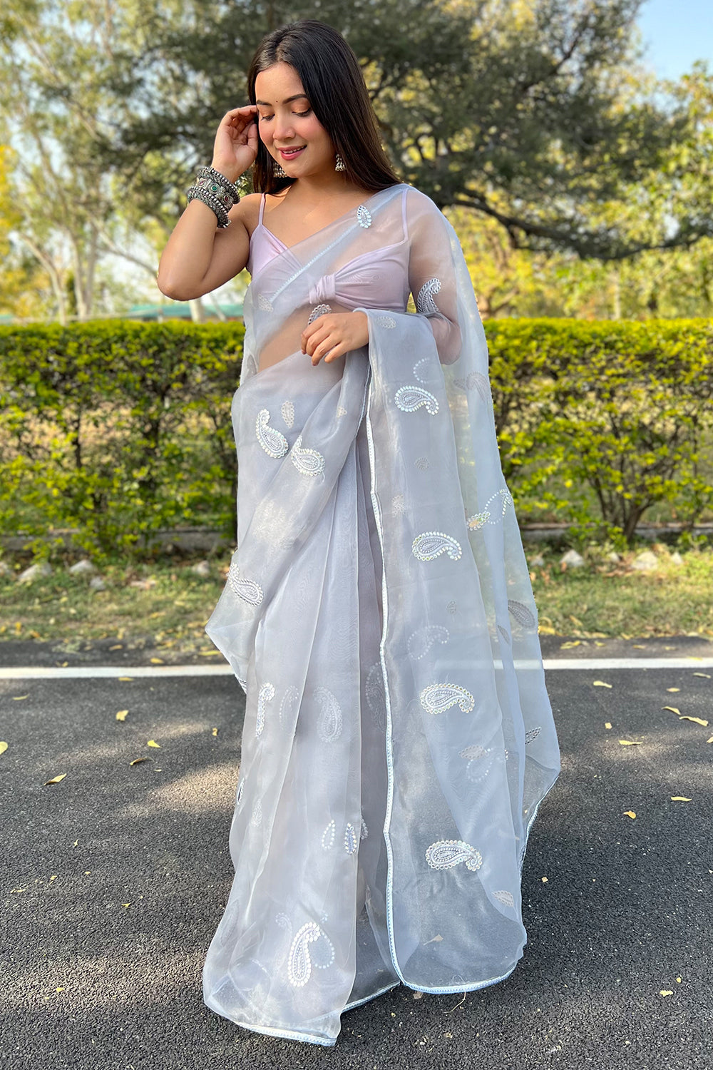 Pearl River Grey Organza Saree