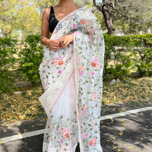 Pearl White Organza Saree