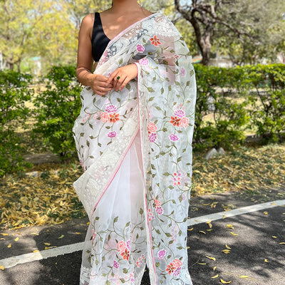 Pearl White Organza Saree