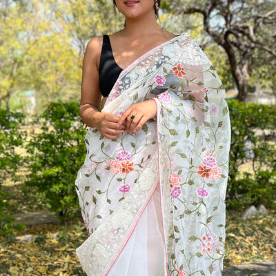 Pearl White Organza Saree