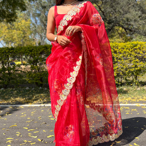Scarlet Red Organza Saree