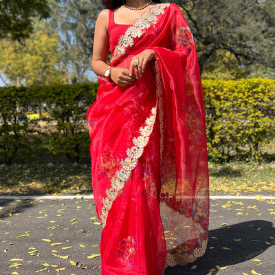 Scarlet Red Organza Saree