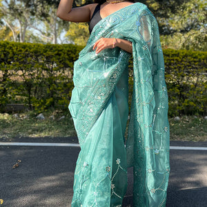 Teal Blue Organza Saree