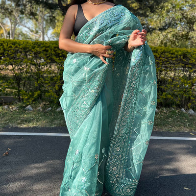 Teal Blue Organza Saree