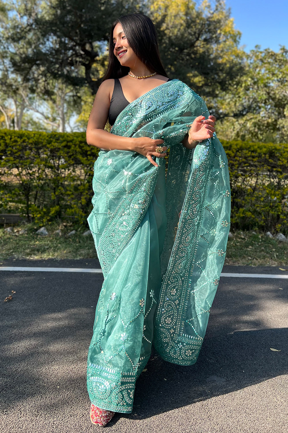 Teal Blue Organza Saree