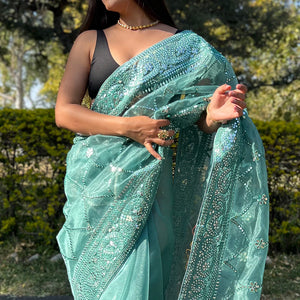 Teal Blue Organza Saree