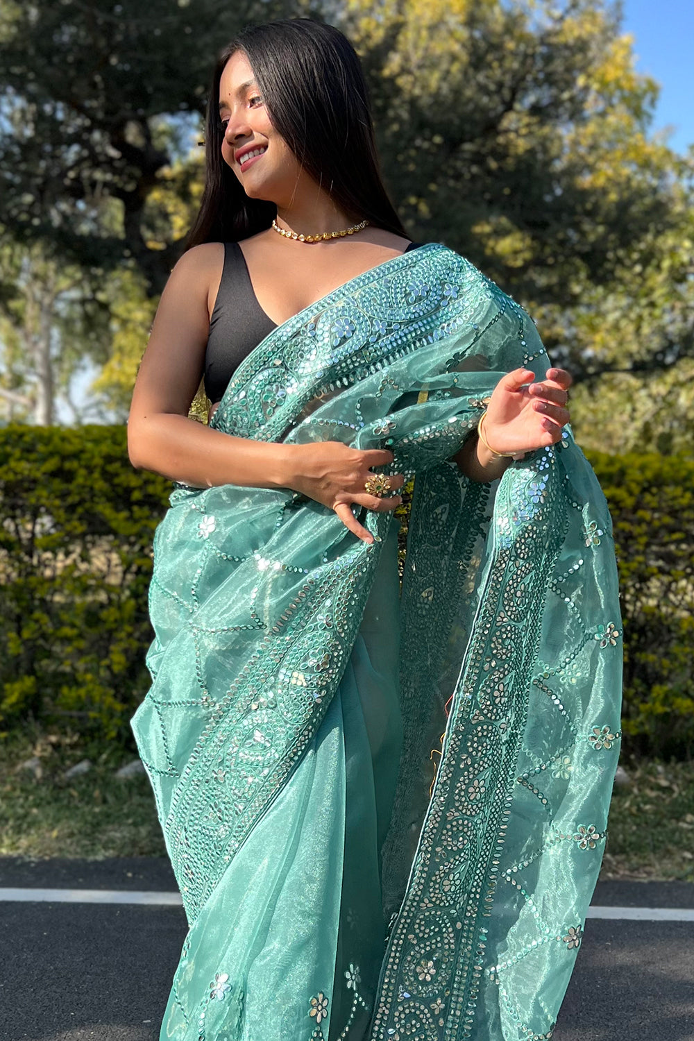 Teal Blue Organza Saree