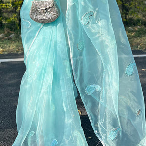 Turquoise Blue Organza Saree