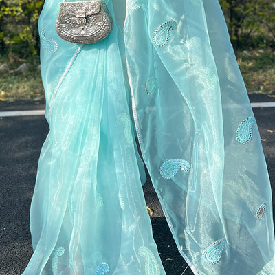 Turquoise Blue Organza Saree