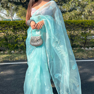 Turquoise Blue Organza Saree