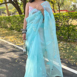 Turquoise Blue Organza Saree