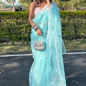 Turquoise Blue Organza Saree