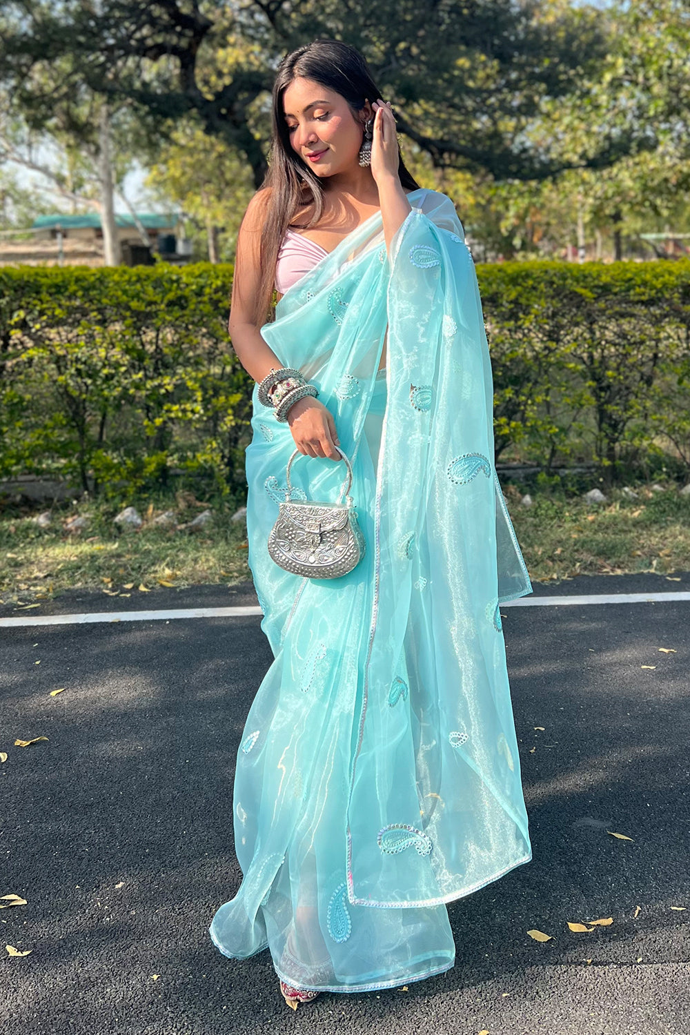Turquoise Blue Organza Saree