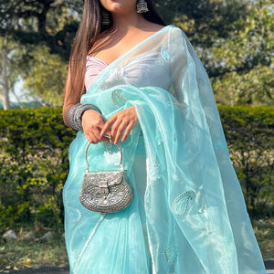 Turquoise Blue Organza Saree