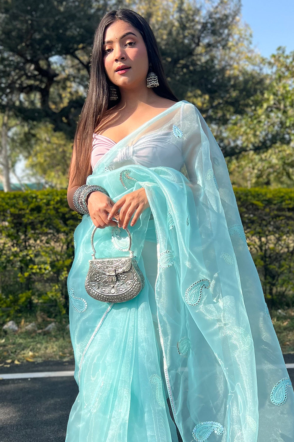 Turquoise Blue Organza Saree