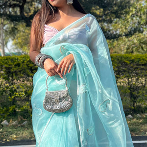 Turquoise Blue Organza Saree