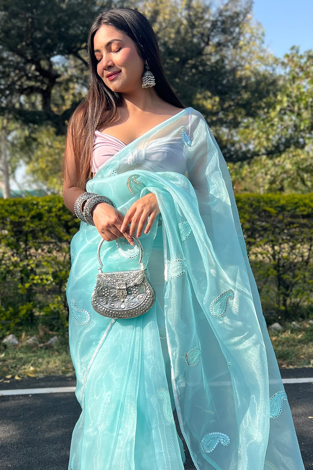 Turquoise Blue Organza Saree