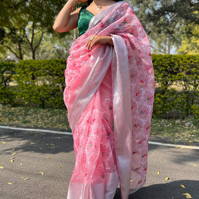 Watermelon Pink Organza Saree
