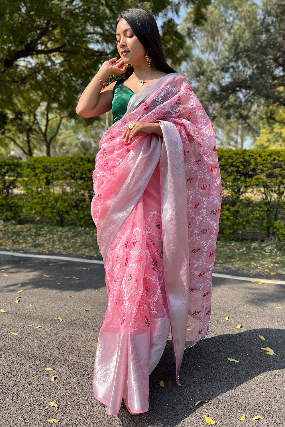 Watermelon Pink Organza Saree