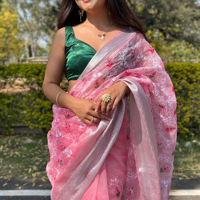 Watermelon Pink Organza Saree