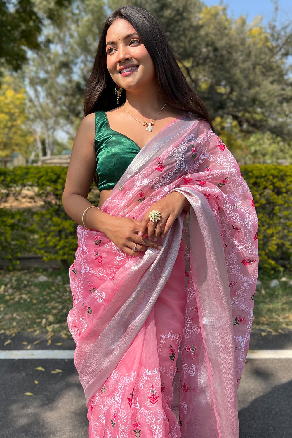 Watermelon Pink Organza Saree