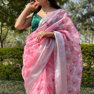 Watermelon Pink Organza Saree