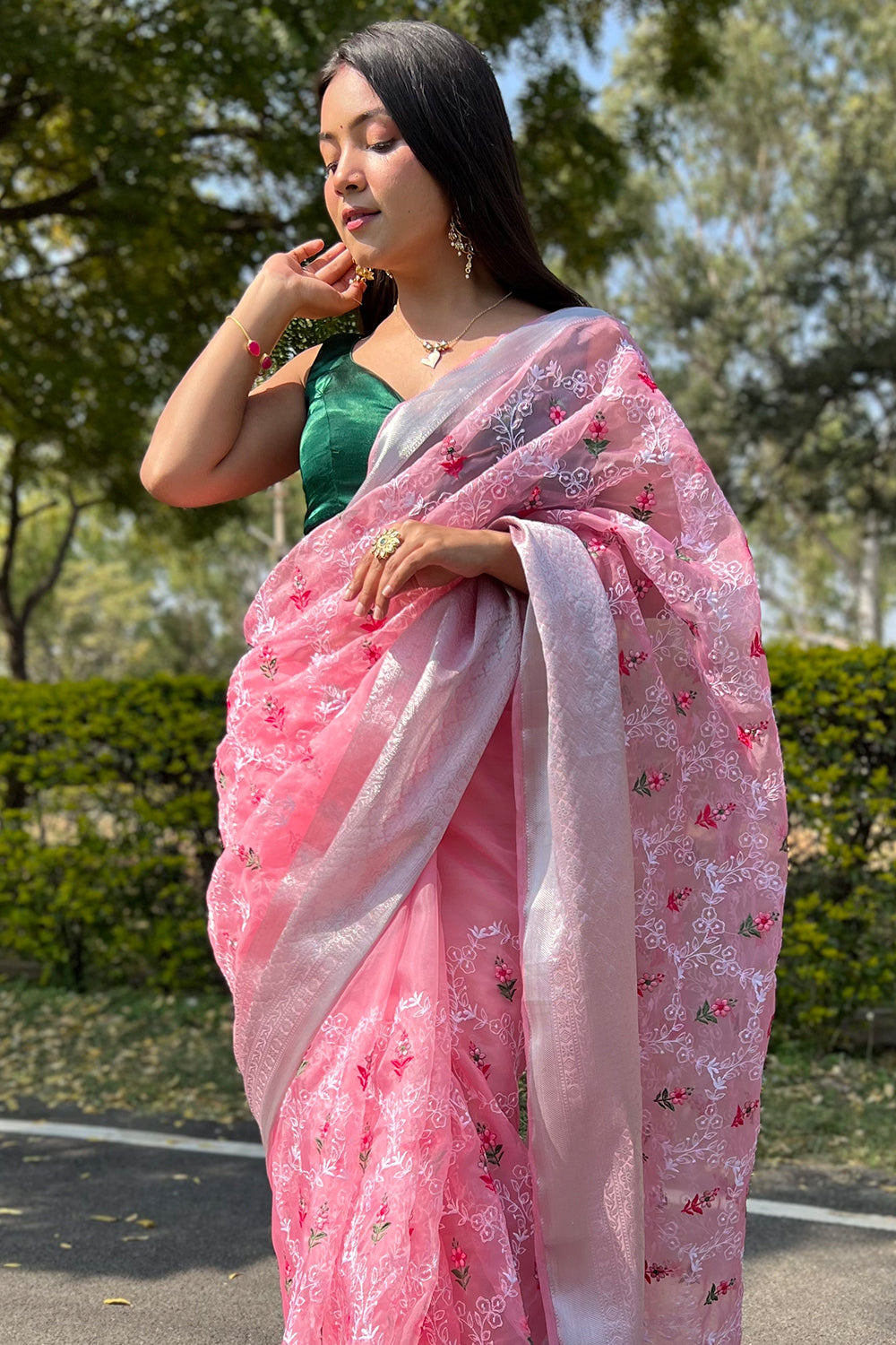 Watermelon Pink Organza Saree