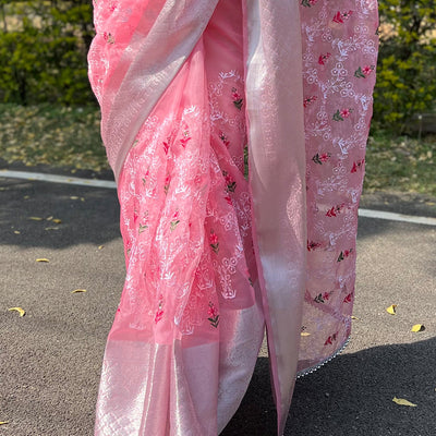 Watermelon Pink Organza Saree