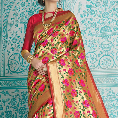 Fawn Gold Red Multicolor Woven Paithani Saree